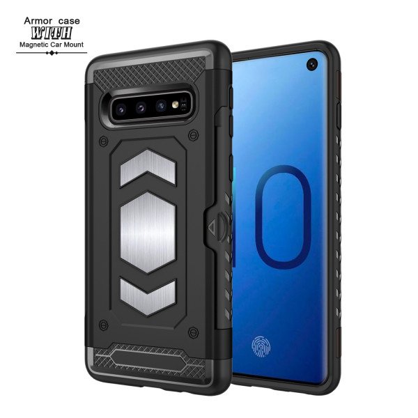 Wholesale Galaxy S10 Metallic Plate Case Work with Magnetic Holder and Card Slot (Black)